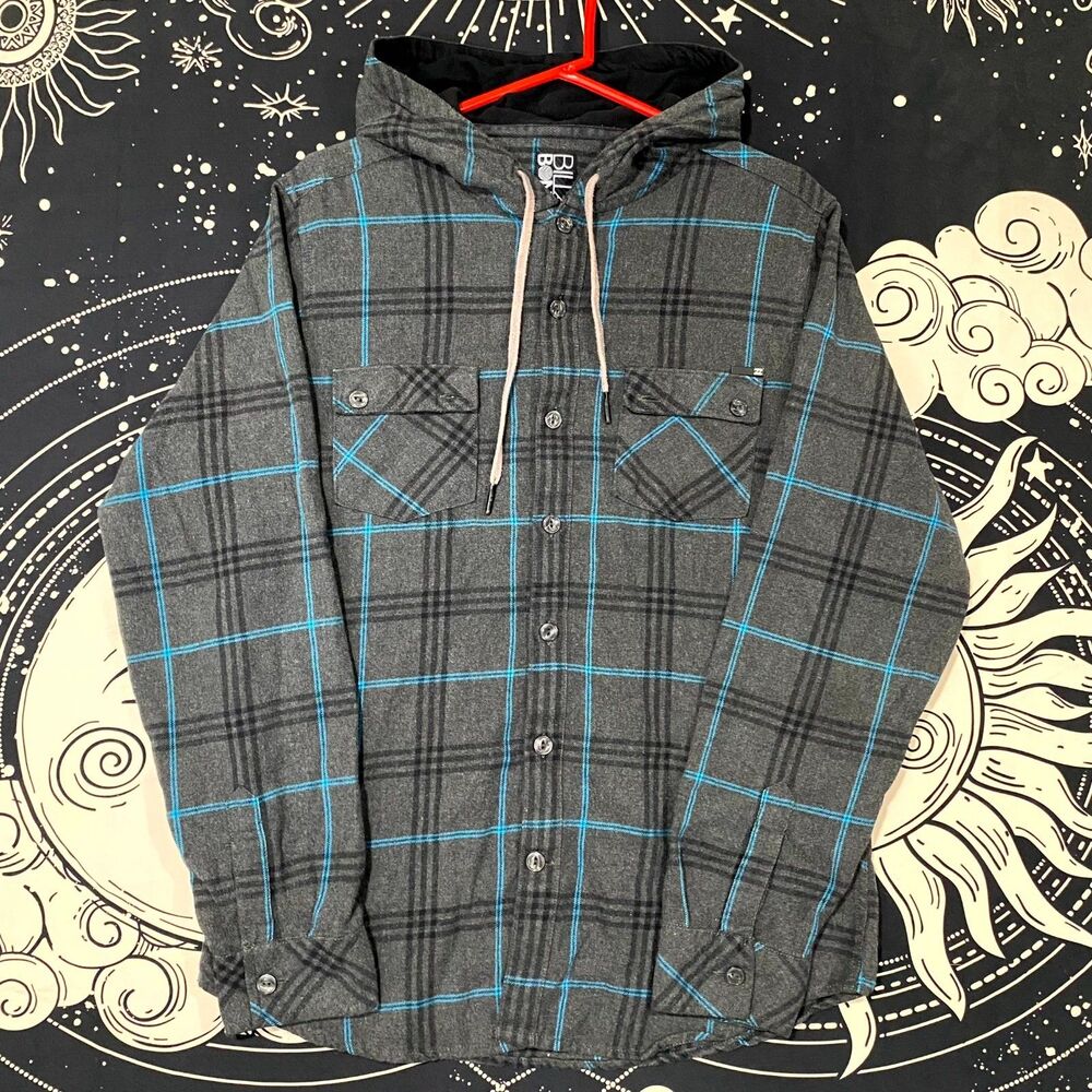 Billa Bong Shacket Jacket Men's XL Gray Cotton Plaid Hooded Streetwear Casual